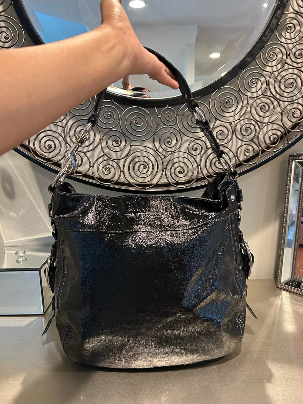 Coach Black Patent Leather Shoulder Bag with Silver Hardware - Picture 4 of 12
